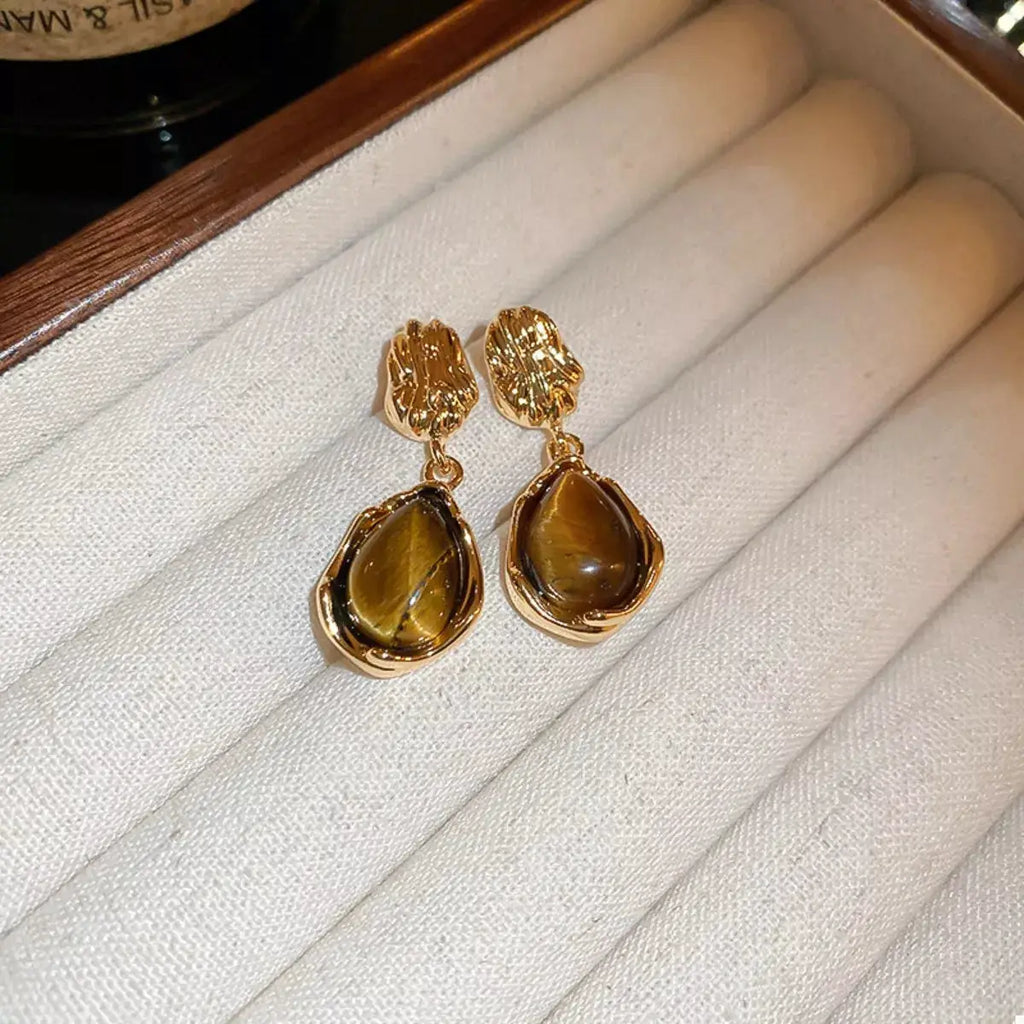 Tiger's Eye 18K Gold-Plated Copper Geometric Earrings by Trendsi