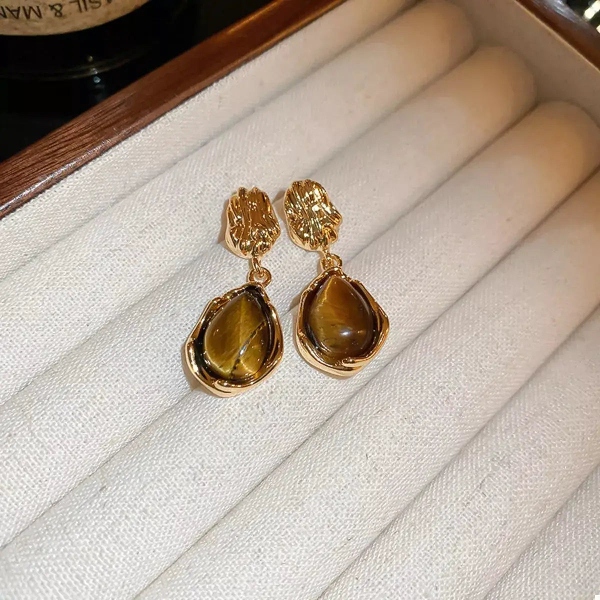 Tiger's Eye 18K Gold-Plated Copper Geometric Earrings by Trendsi