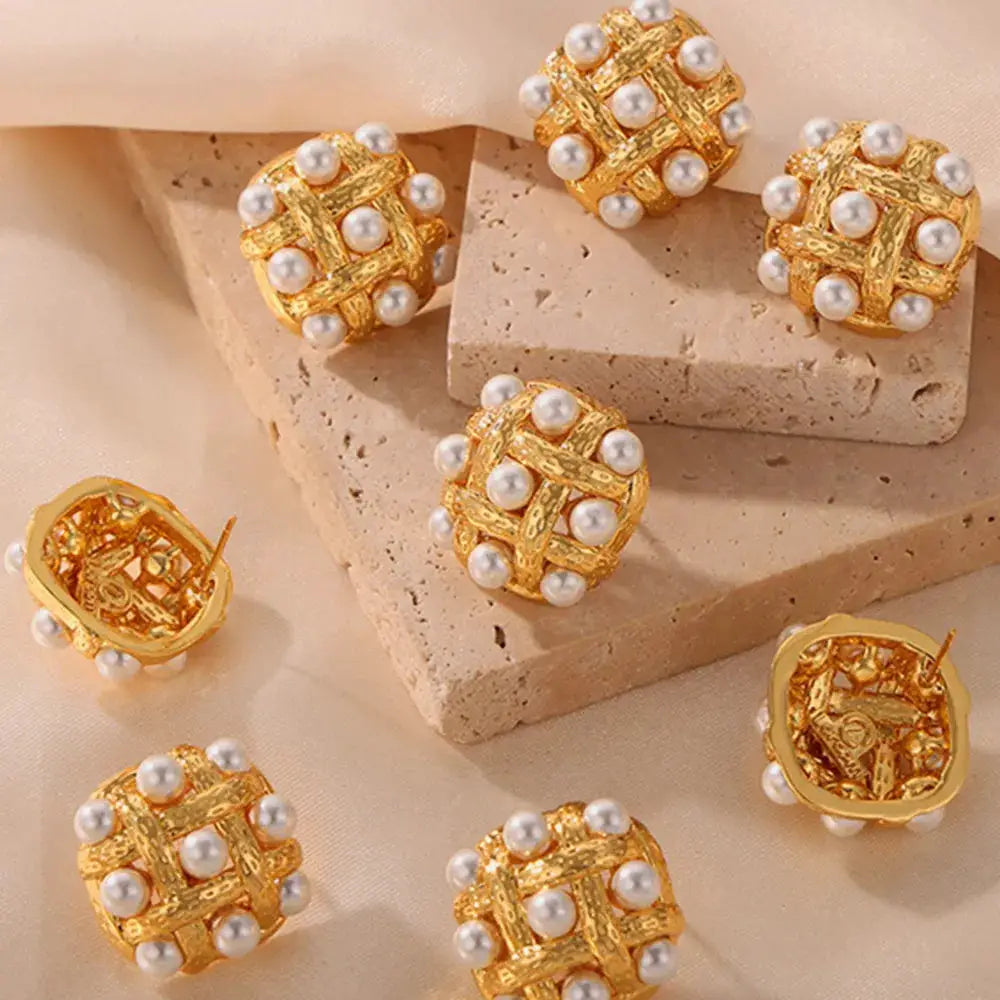 Copper Shell Pearl Stud Earrings by Trendsi