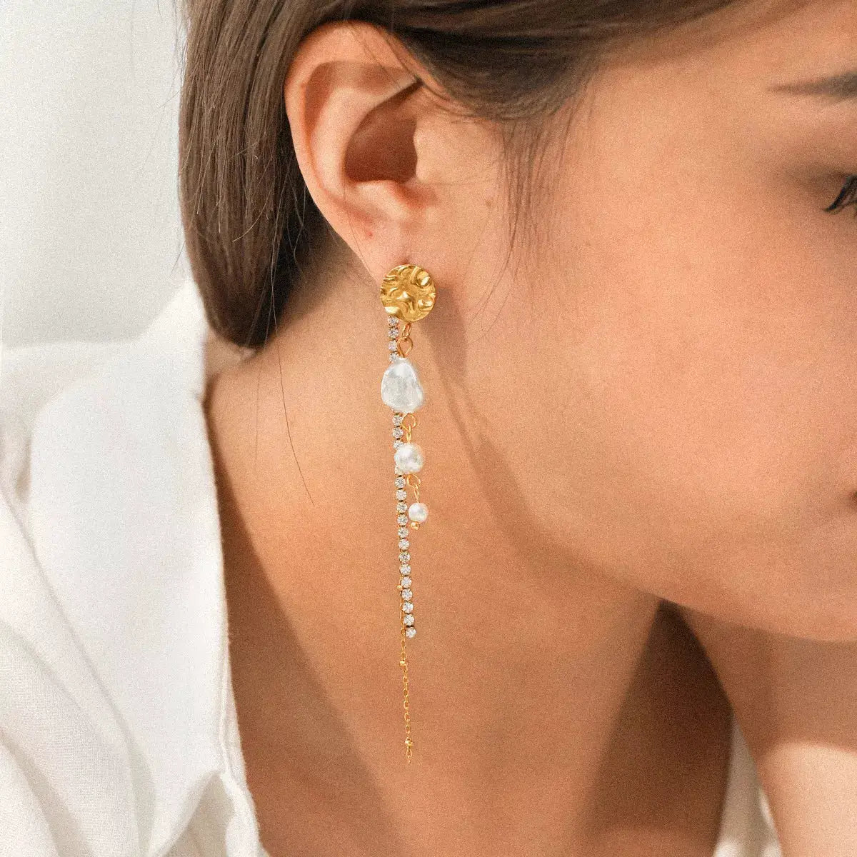 18K Gold-Plated Zircon Pearl Chain Earrings by Trendsi
