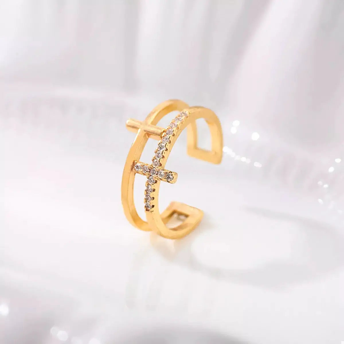 18K Gold-Plated Rhinestone Cross Open Ring by Trendsi