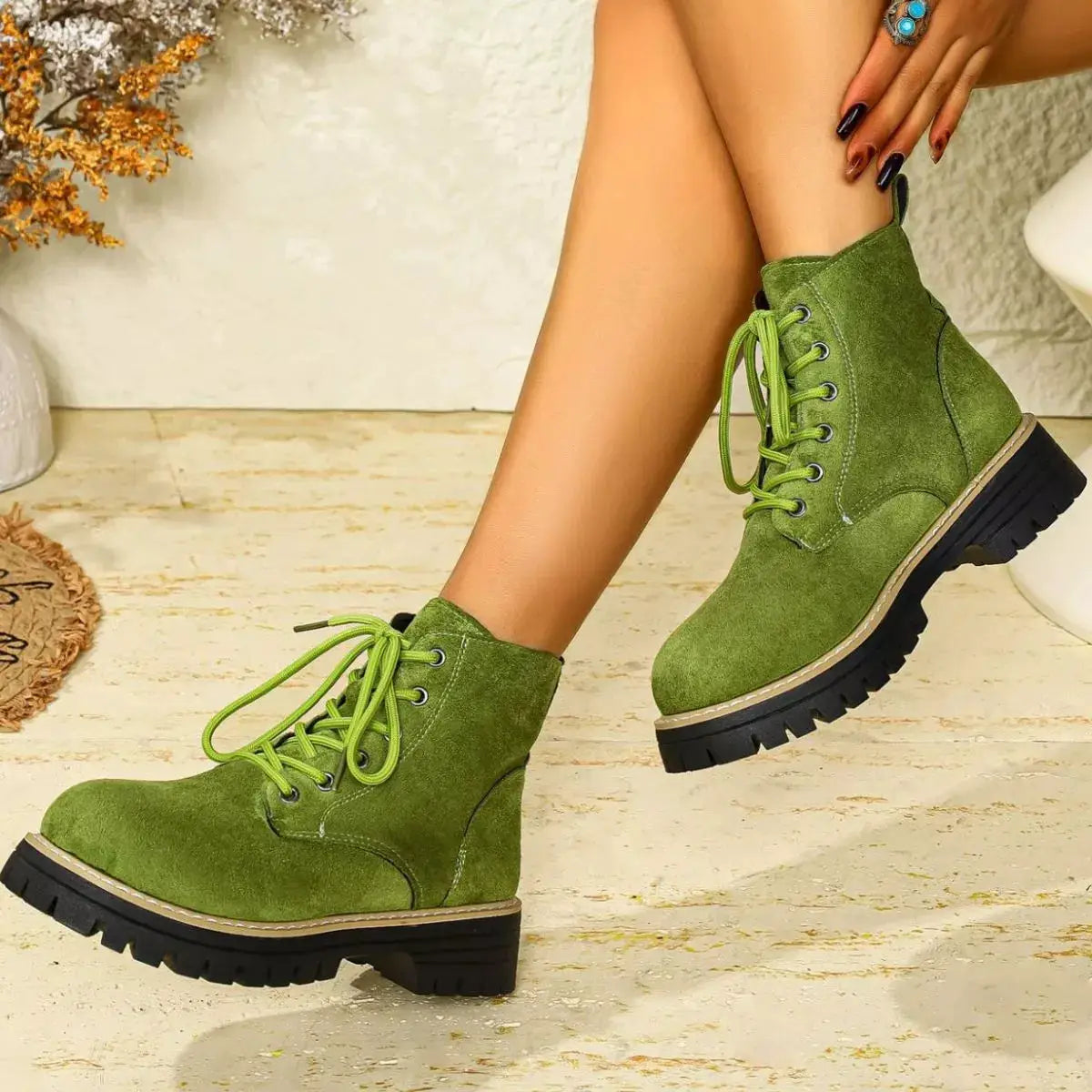 Round Toe Lace Up Boots by Trendsi