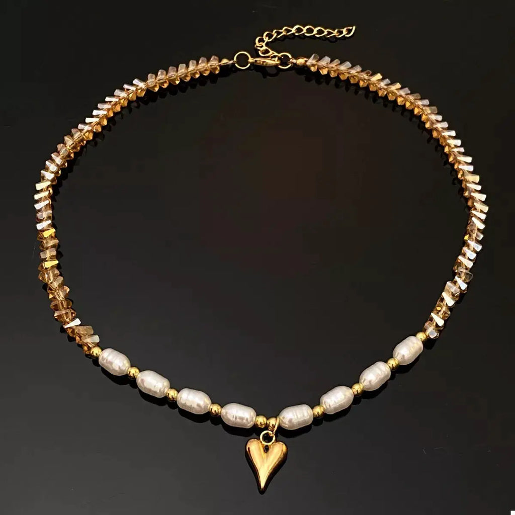 Pearl & Heart Pendant Necklace by Trendsi