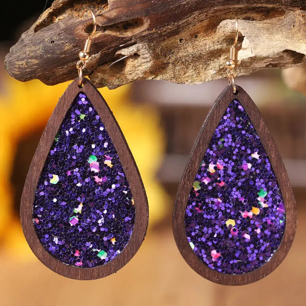 Sequin Wood Teardrop Earrings by Trendsi