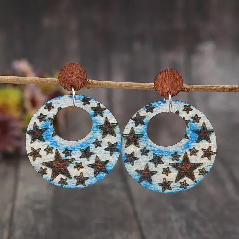 Cutout Star Print Wooden Dangle Earrings by Trendsi