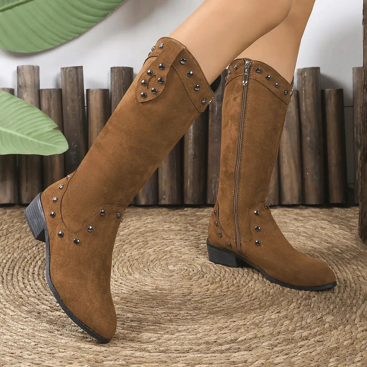 Studded Mid-Calf Boots with Side Zipper Closure by Trendsi