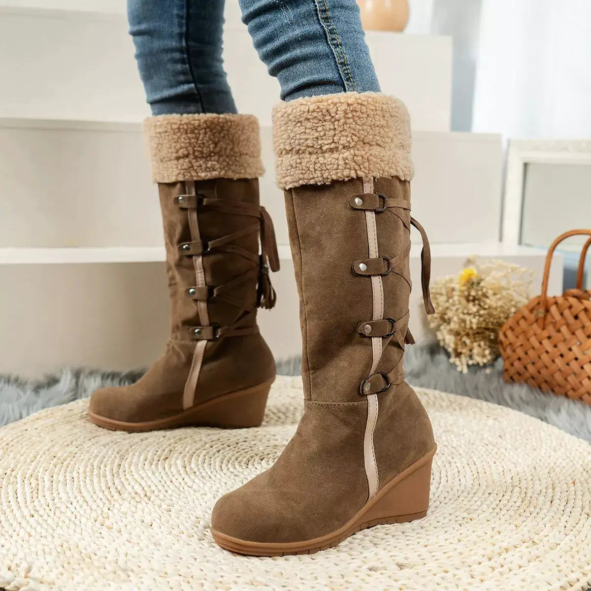 Suede Wedge Boots with Fur Cuff by Trendsi