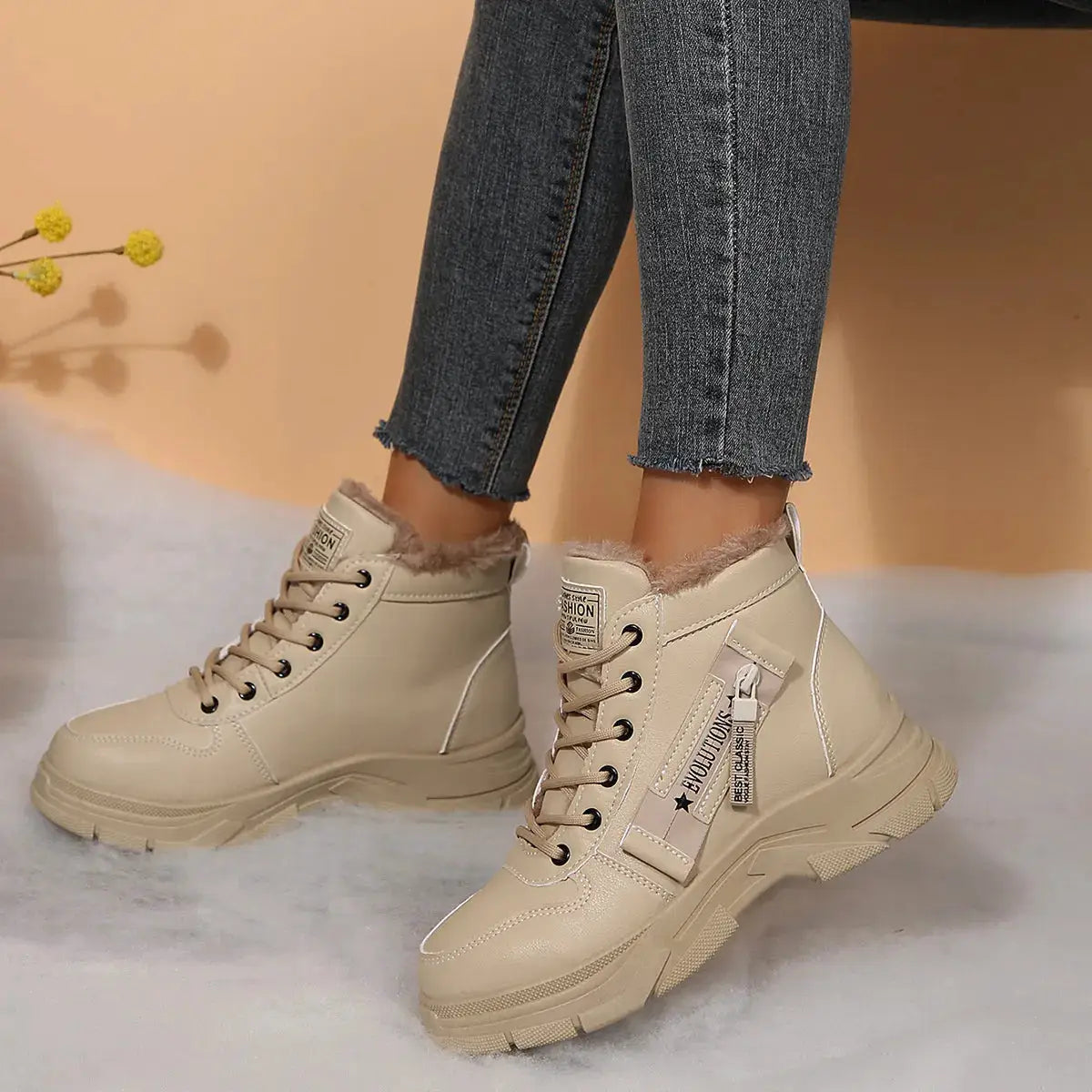 Premium Lace-Up Combat Boots with Fleece Line by Trendsi