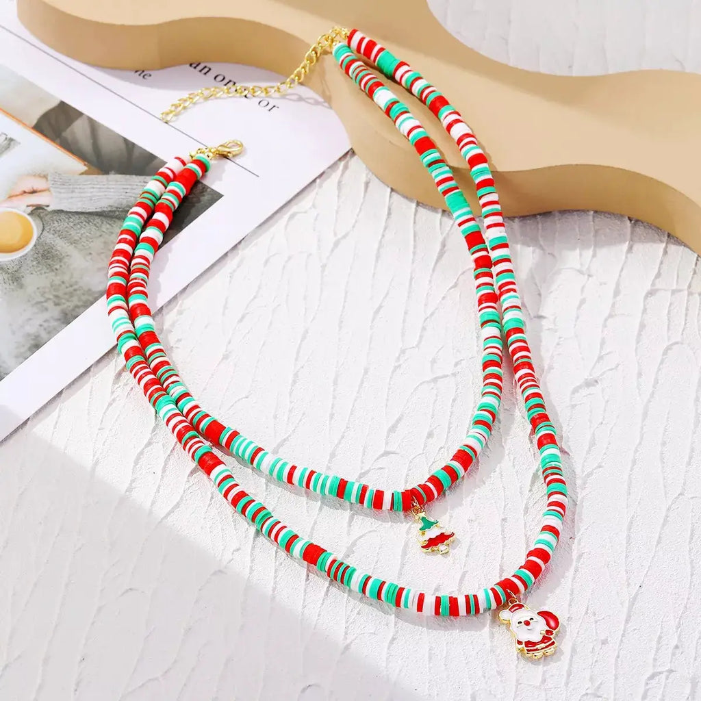 Alloy Christmas Necklace with Santa and Christmas Tree Pendant by Trendsi