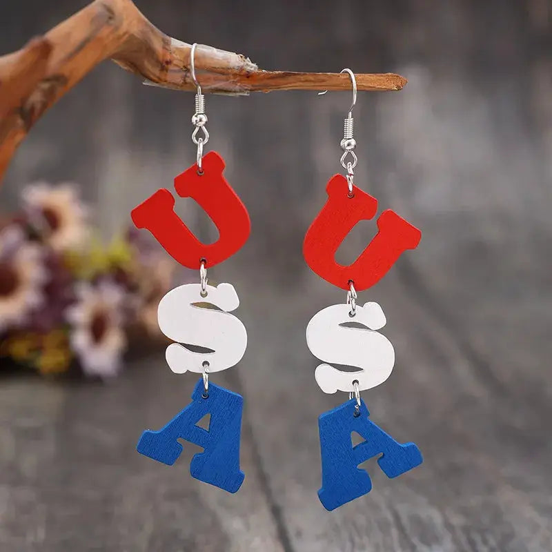 USA Wooden Letter Dangle Earrings by Trendsi