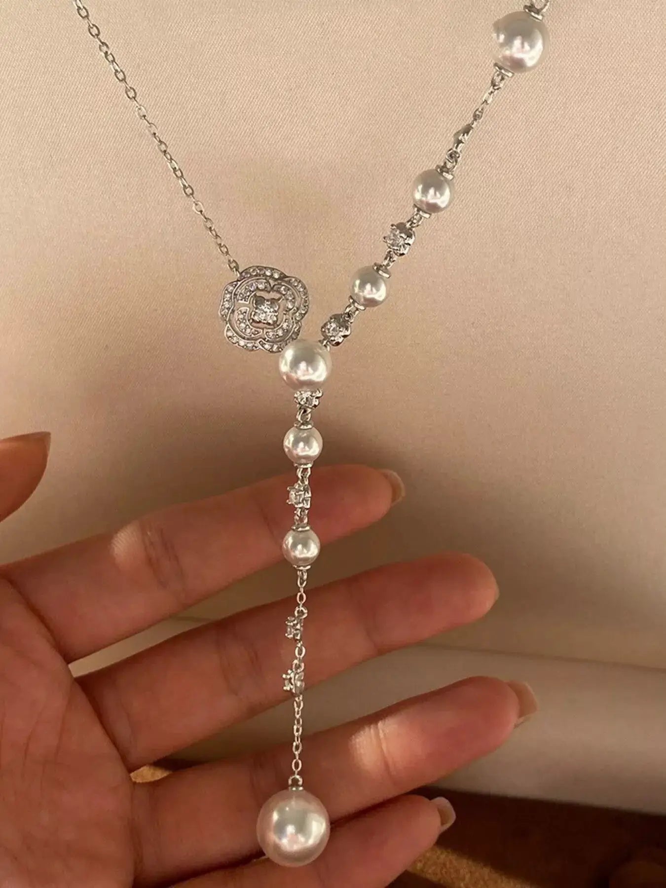 Pearl Flower Y-Necklace by Trendsi