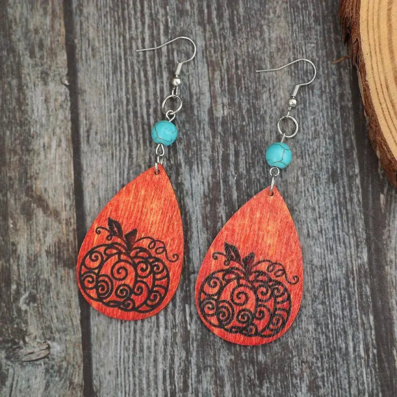 Turquoise Wooden Pumpkin Teardrop Earrings by Trendsi