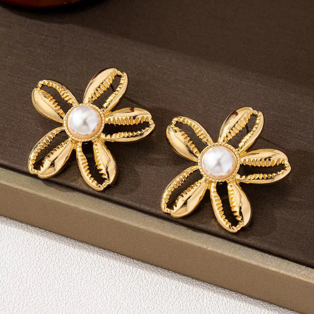 18K Gold-Plated Gold Flower Synthetic Pearl Stud Earrings by Trendsi