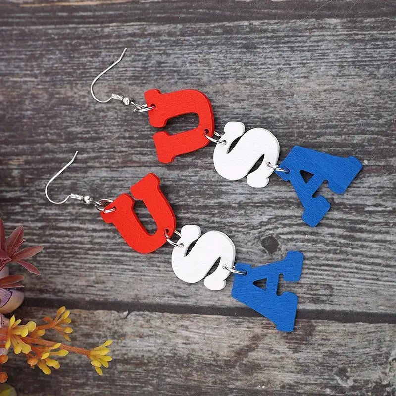 USA Wooden Letter Dangle Earrings by Trendsi