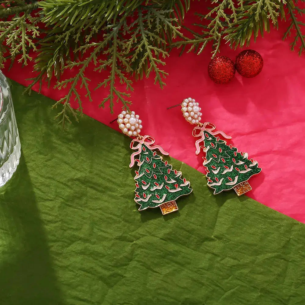 Christmas Tree Dangle Earrings with Pearl by Trendsi
