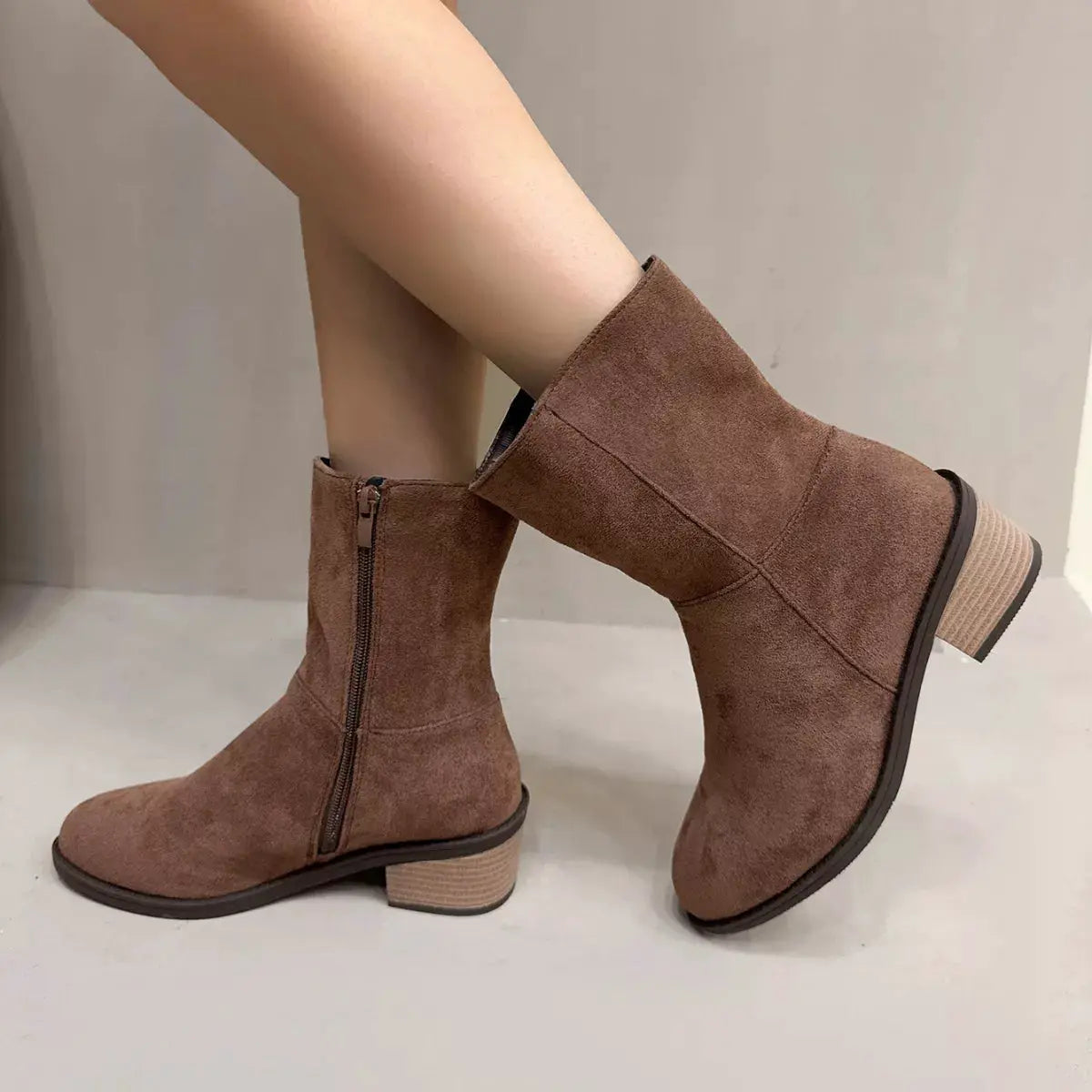Round Toe Block Heels Ankle Boots by Trendsi