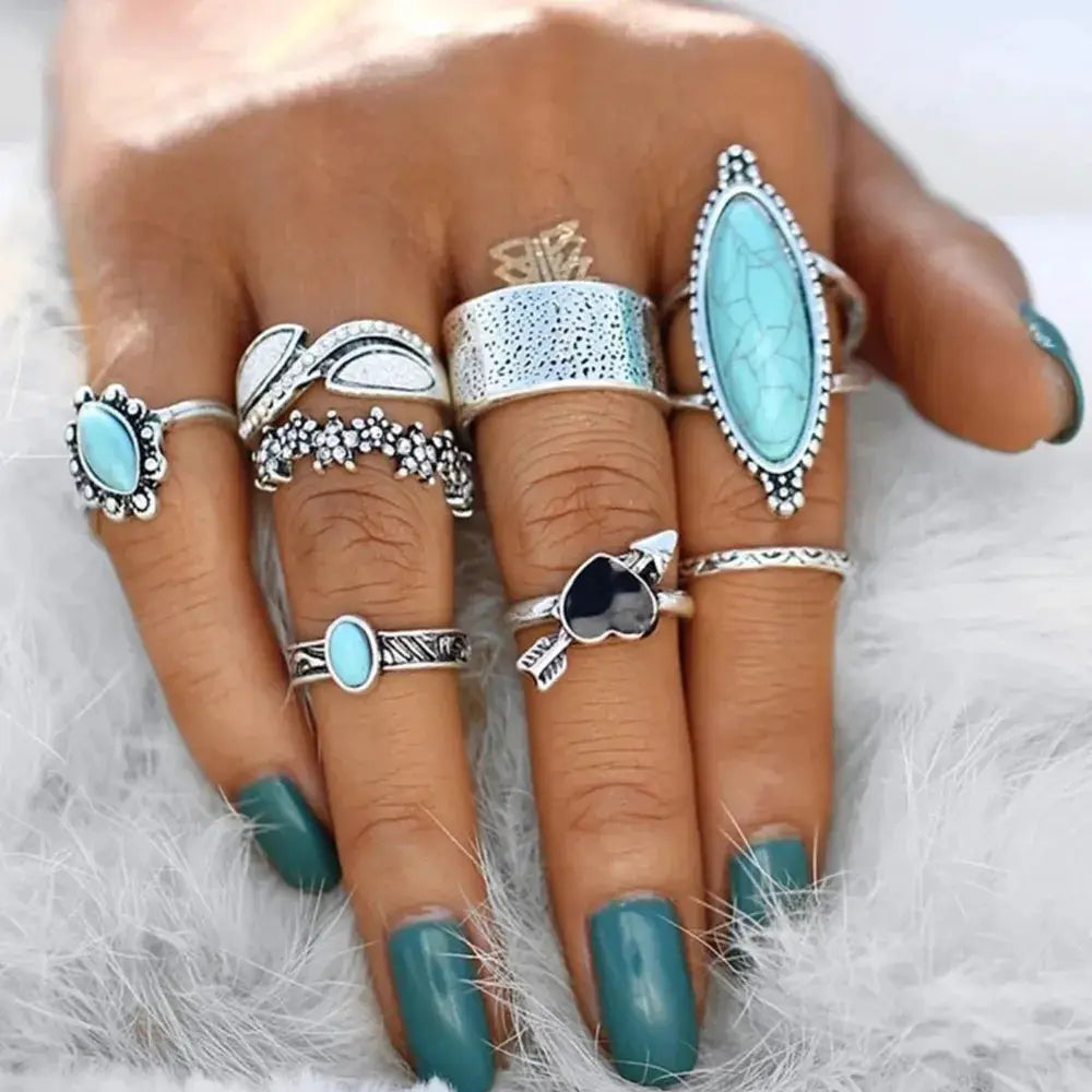 Turquoise Alloy 8-Piece Ring Set by Trendsi
