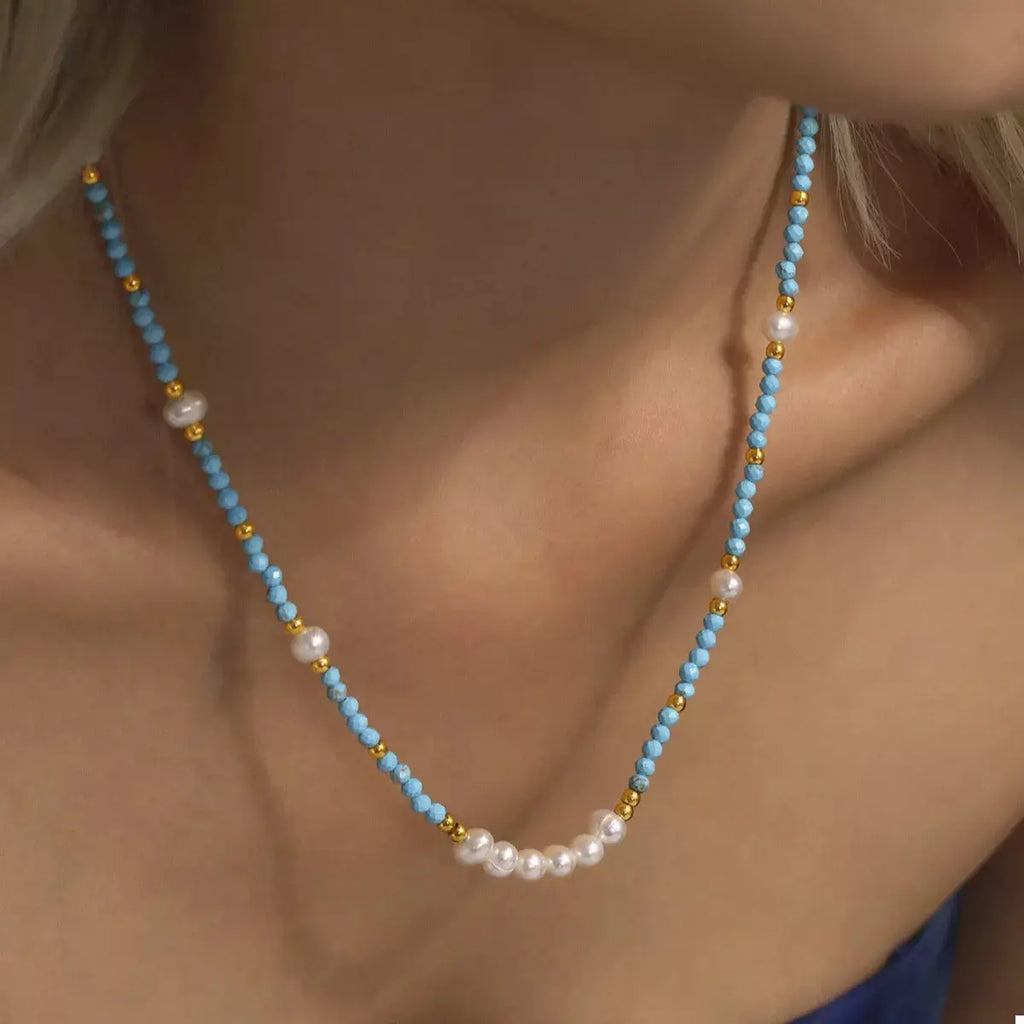 Turquoise Pearl Beaded Necklace by Trendsi