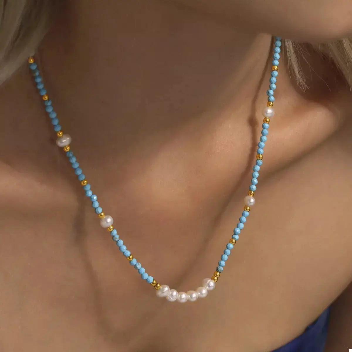 Turquoise Pearl Beaded Necklace by Trendsi