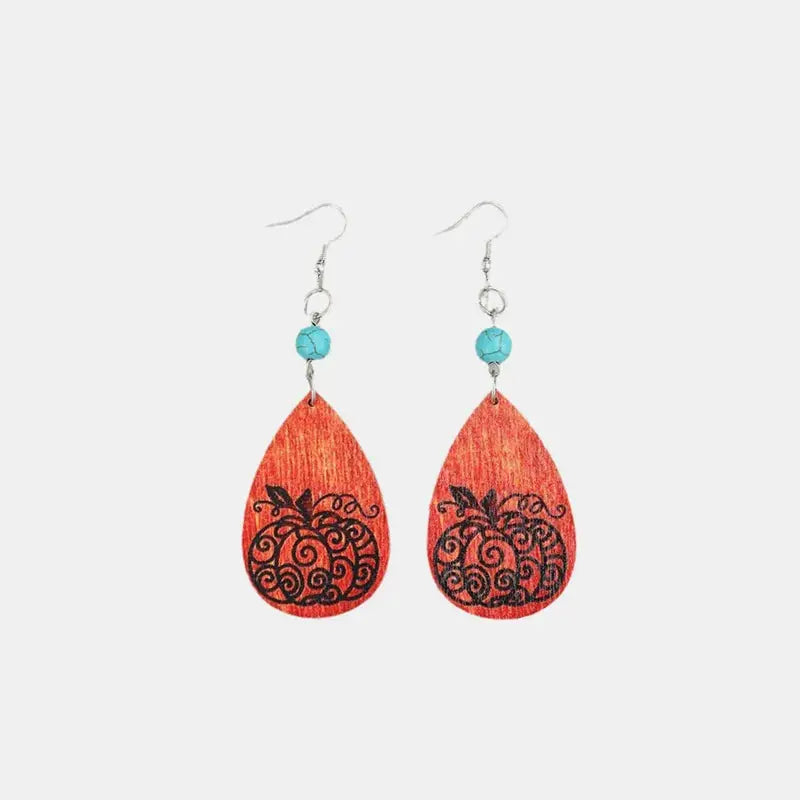 Turquoise Wooden Pumpkin Teardrop Earrings by Trendsi