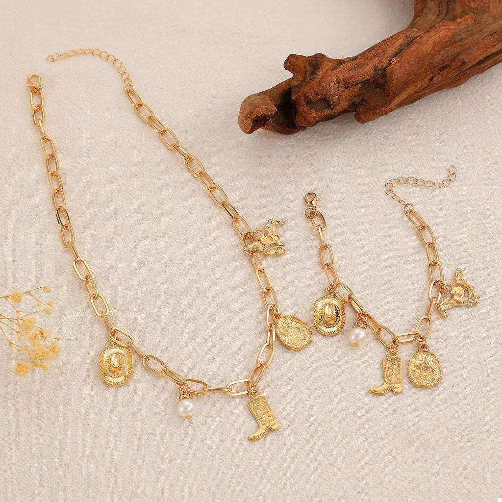 18K Gold-Plated Charm Necklace and Bracelet Jewelry Set by Trendsi