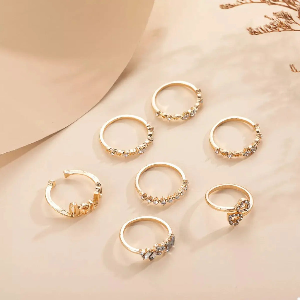 7 Piece 18K Gold-Plated LOVE Zircon Ring Set by Trendsi