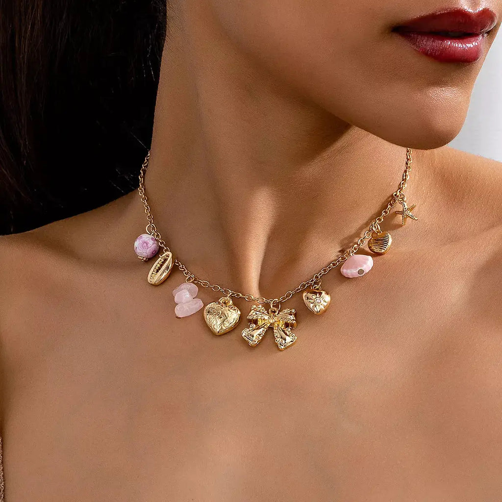 Heart and Butterfly Bow Ocean Multi-Pendant Necklace by Trendsi