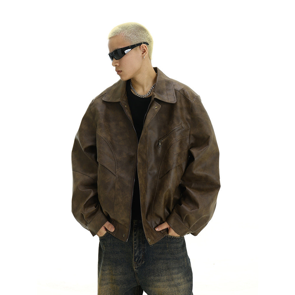 Style Vintage Distressed Leather Jacket for Men, Casual Flip Collar Design, Trendy and Unique Streetwear Coat