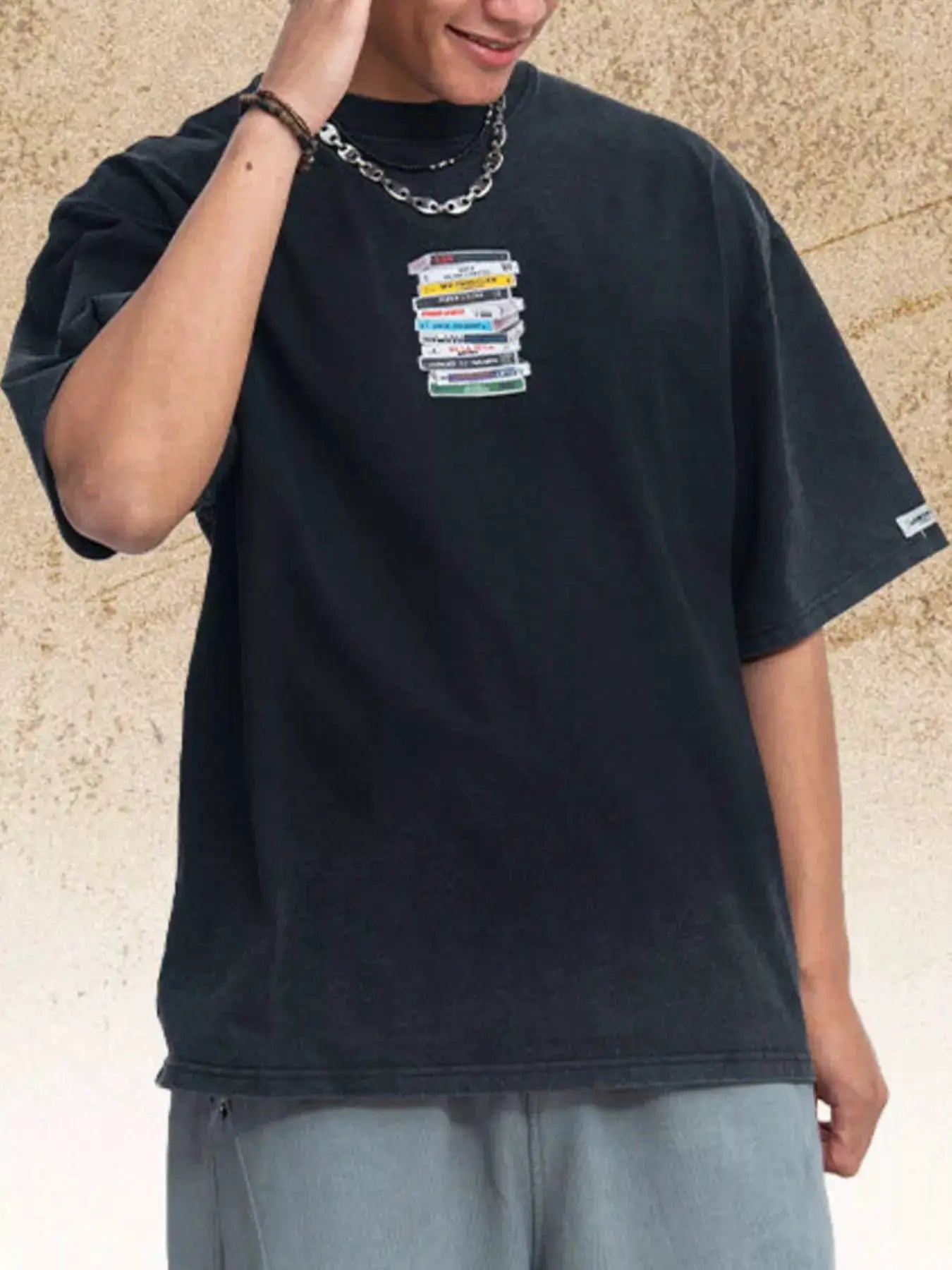 Men's Vintage Washed Cassette Tape Graphic T-Shirt by Trendsi