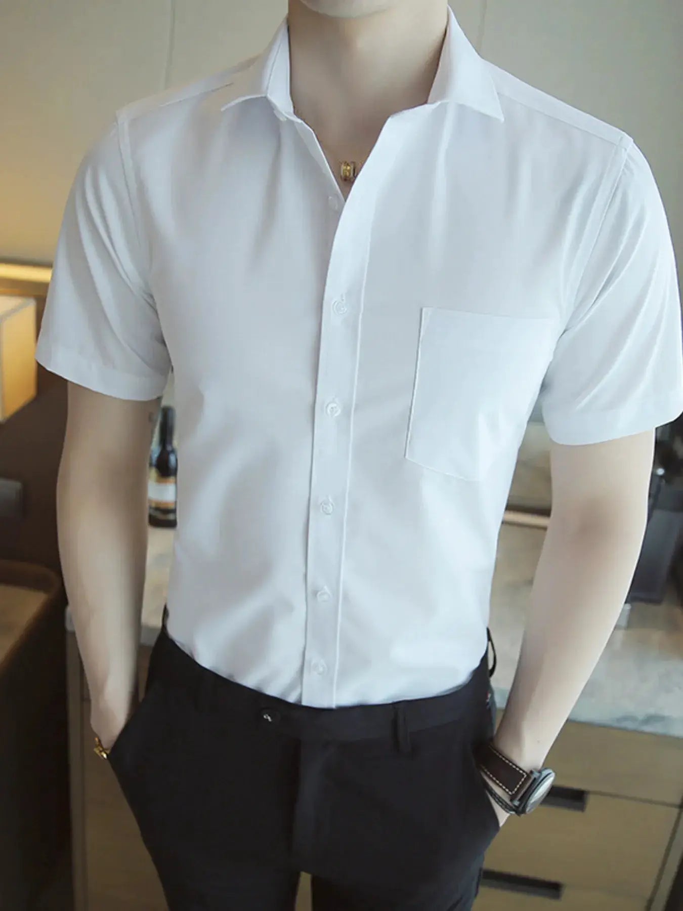Men's Short Sleeve Solid Color Slim Fit Casual Shirt by Trendsi