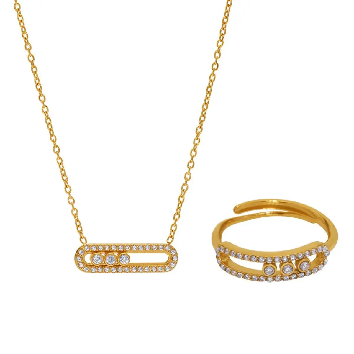Moving Crystal Bar Necklace and Ring Jewelry Set by Trendsi