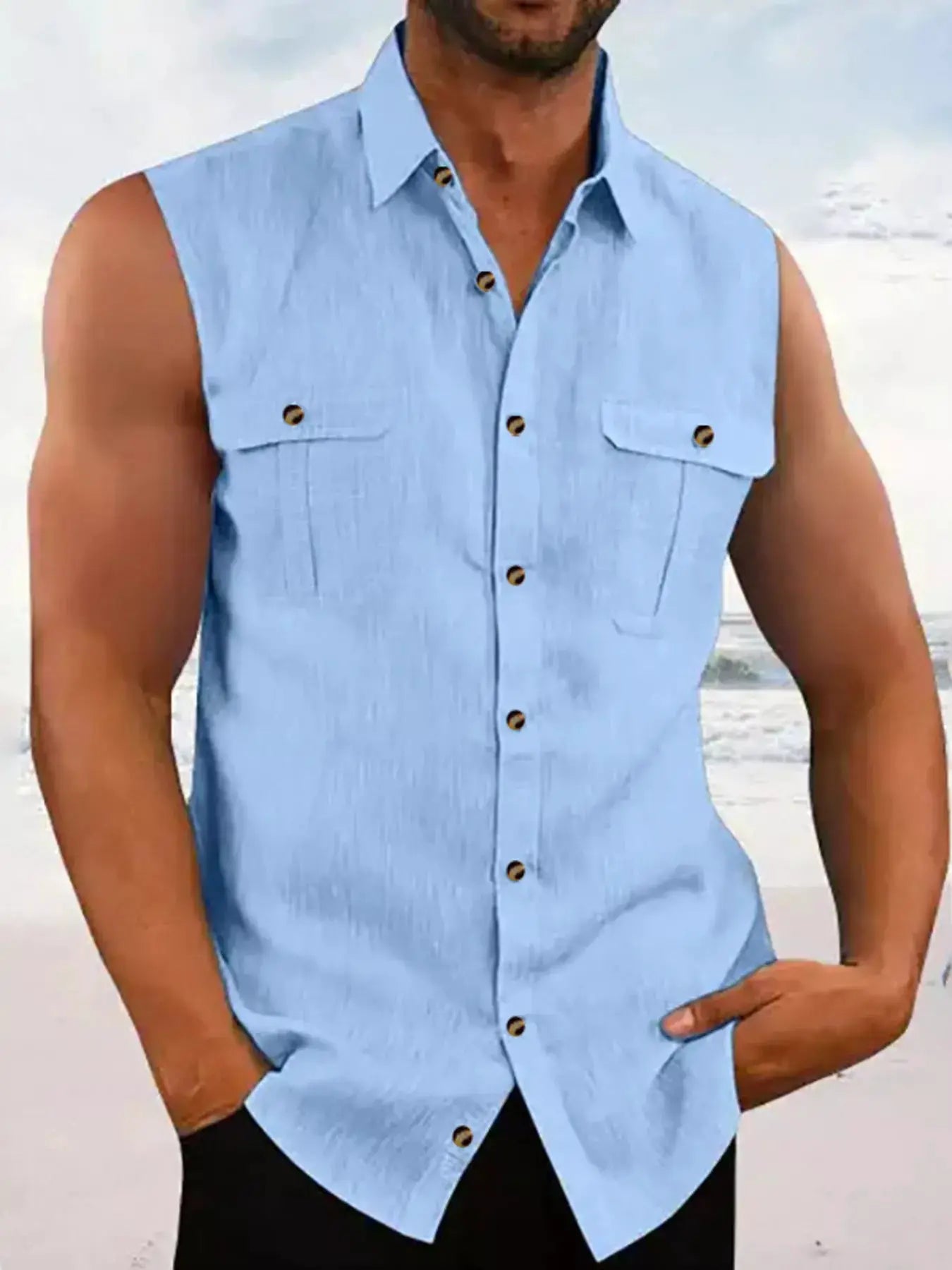 Men's Full Size Sleeveless Button-Up Shirt with Chest Pockets Plus Size by Trendsi