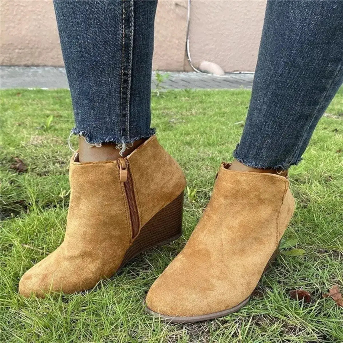 Side Zipper Wedge Boots by Trendsi