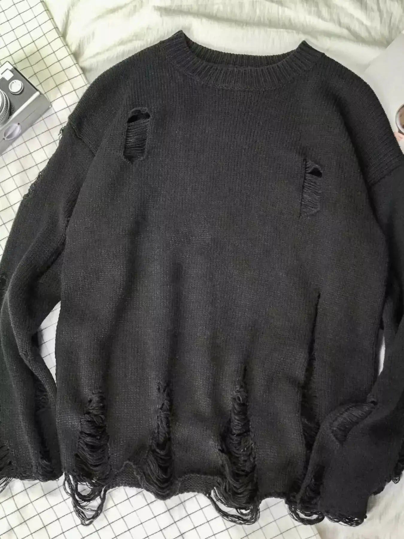 Men's Distressed Round Neck Sweater by Trendsi