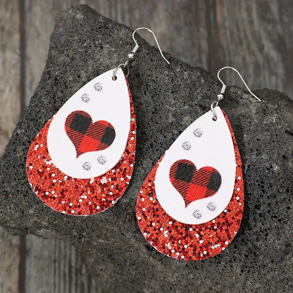 Heart Sequin Leather Teardrop Earrings by Trendsi