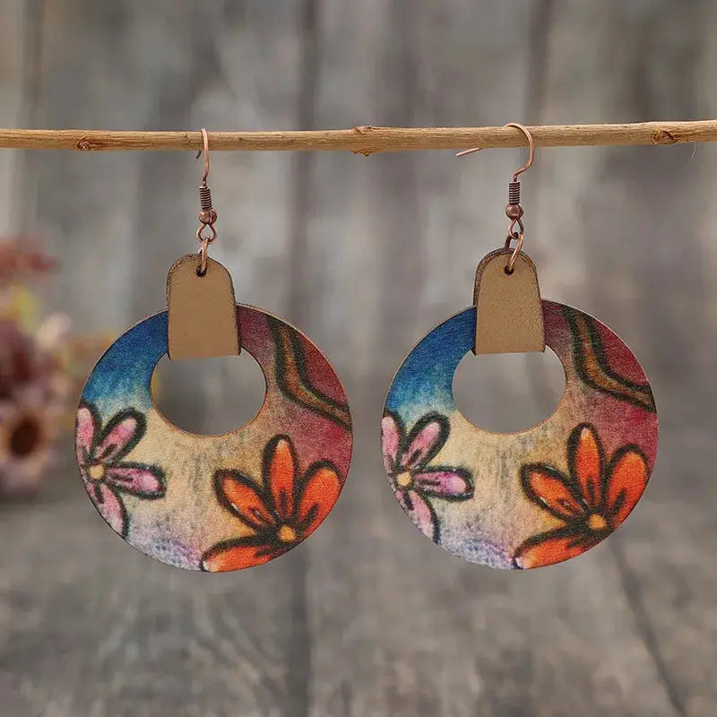 Wooden Flower Round Shape Earrings by Trendsi