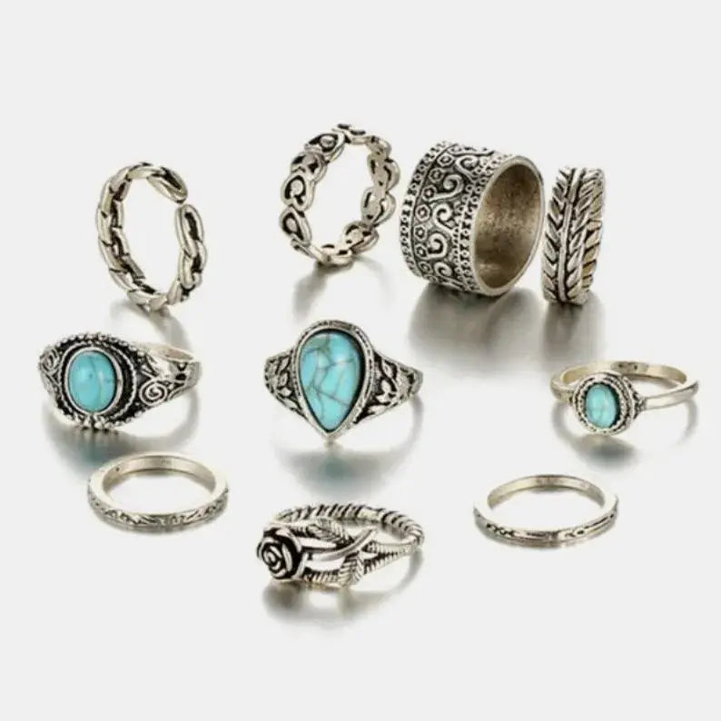 Artificial Turquoise Alloy Ring 10-Piece Set by Trendsi