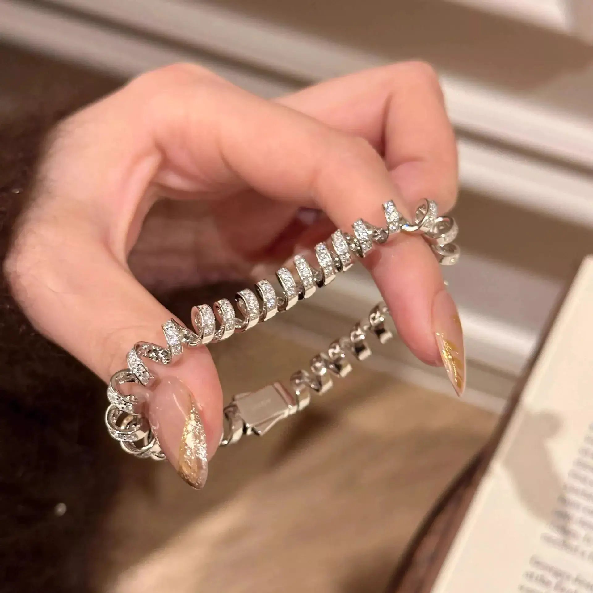 Alloy Zircon Silver-Plated Coil Bracelet by Trendsi