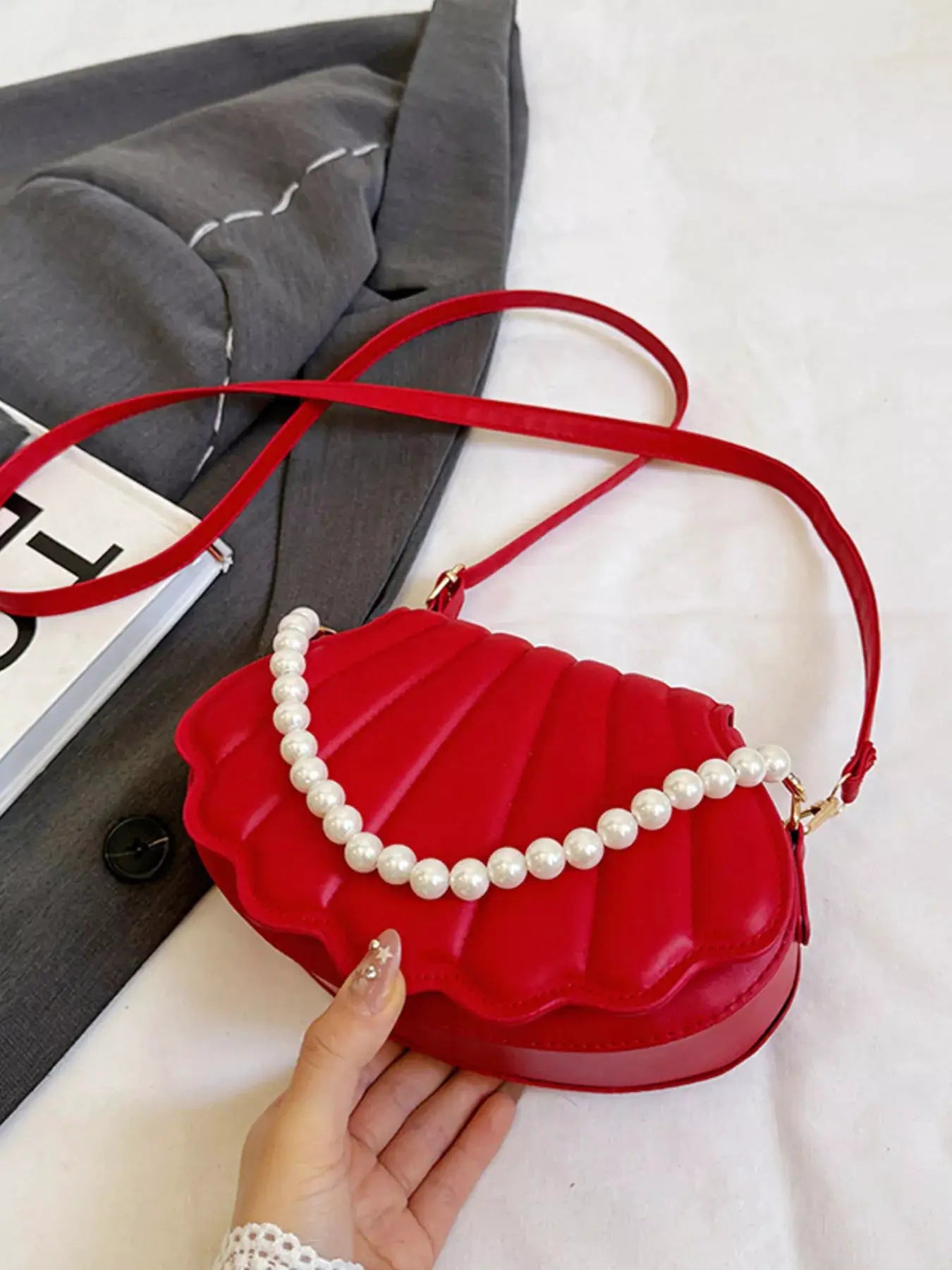 Shell-Shaped Pearl Decor Crossbody Bag by Trendsi
