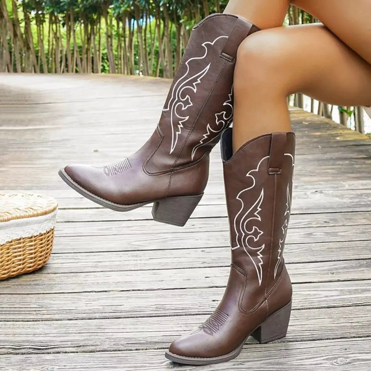 Western Embroidered Mid-Calf Boots by Trendsi