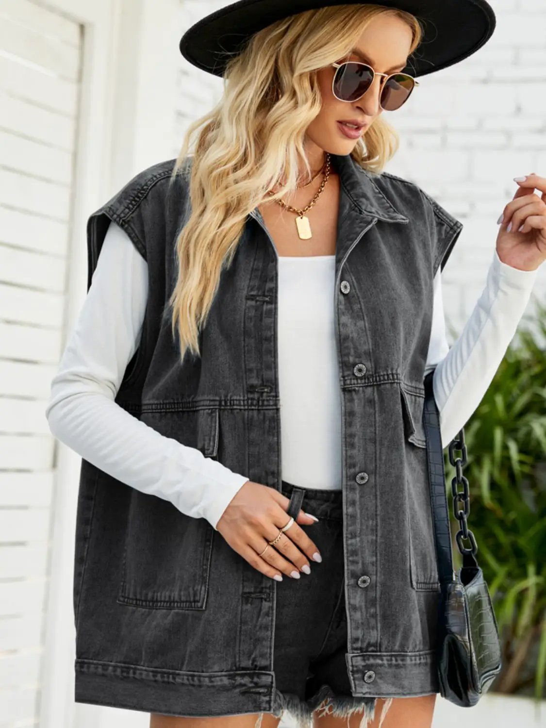 Collared Neck Sleeveless Denim Top with Pockets by Trendsi
