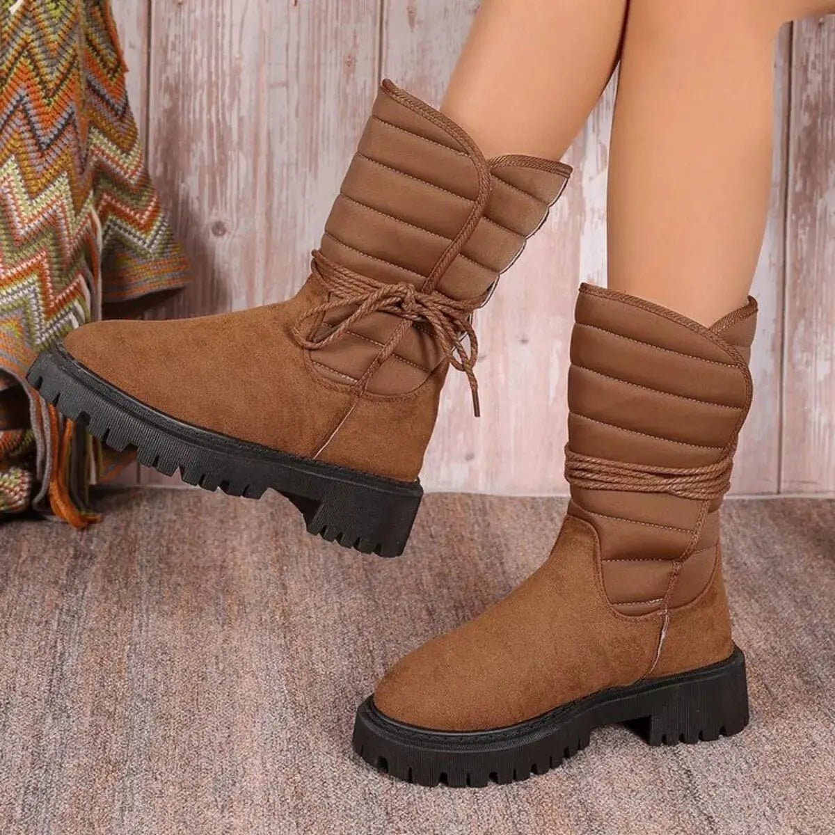 Quilted Lace-Up Mid-Calf Boots by Trendsi