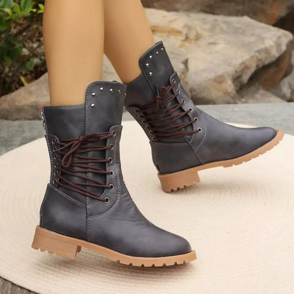 Studded Lace-Up Boots by Trendsi