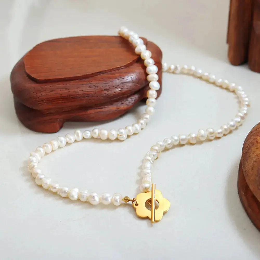 Titanium Steel Pearl Flower Necklace by Trendsi