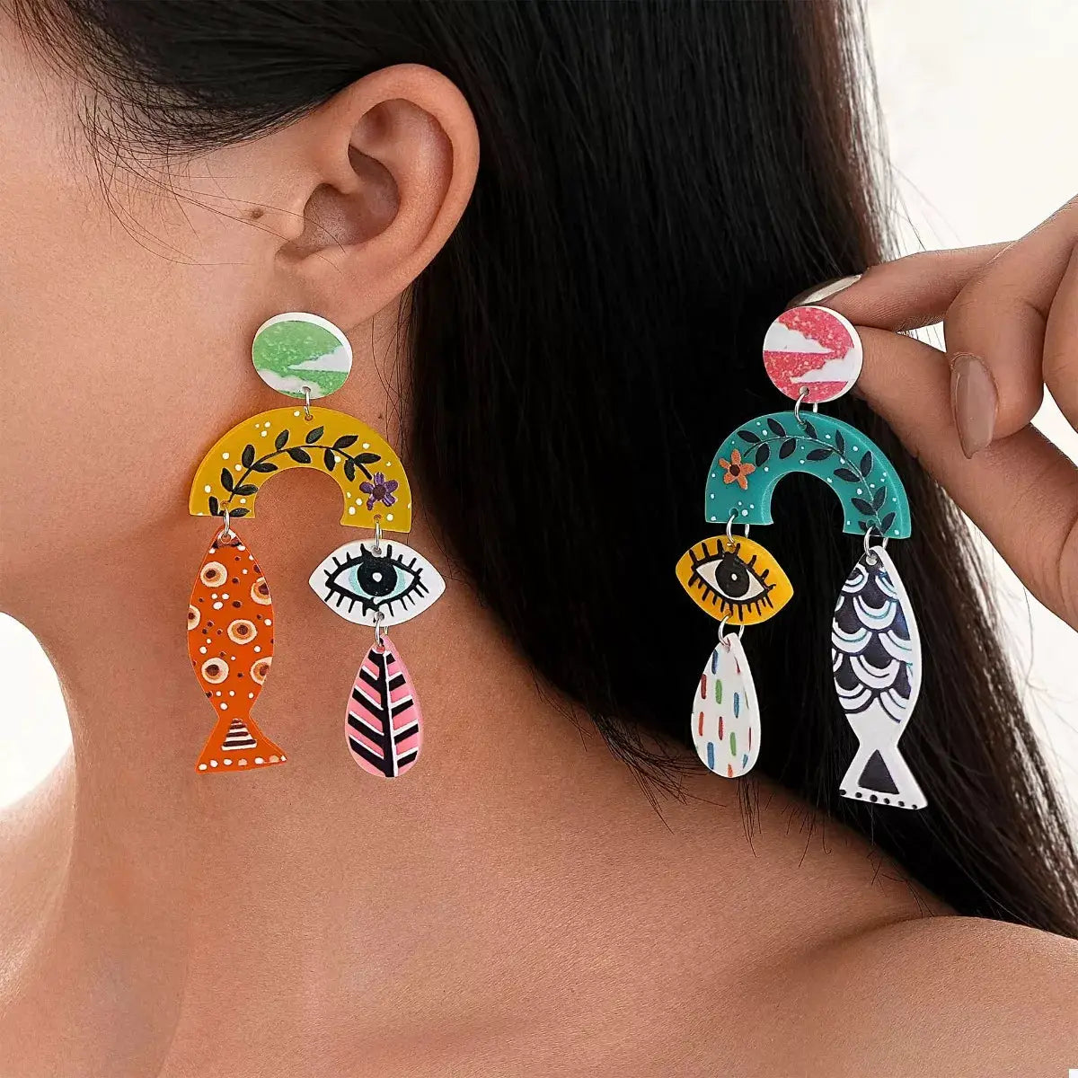 Evil Eye & Fish Dangle Earrings by Trendsi