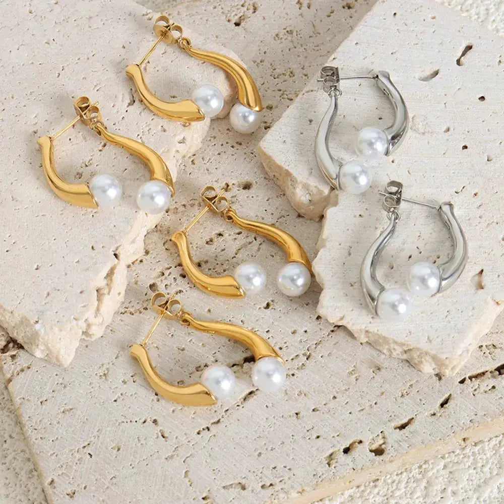 Synthetic Pearl Asymmetrical Titanium Steel Earrings by Trendsi