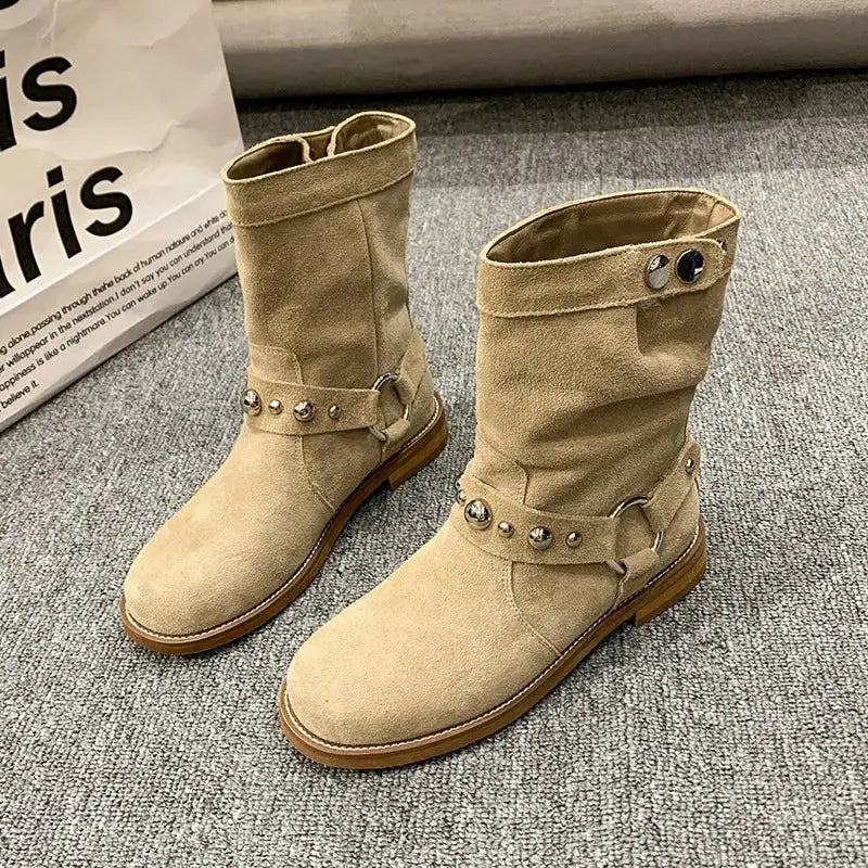 Studded Suede Mid-Calf Harness Boots by Trendsi