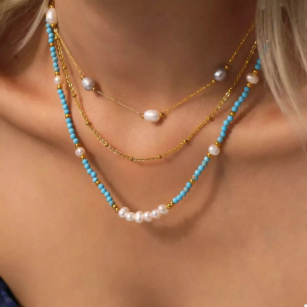 Turquoise Pearl Beaded Necklace by Trendsi