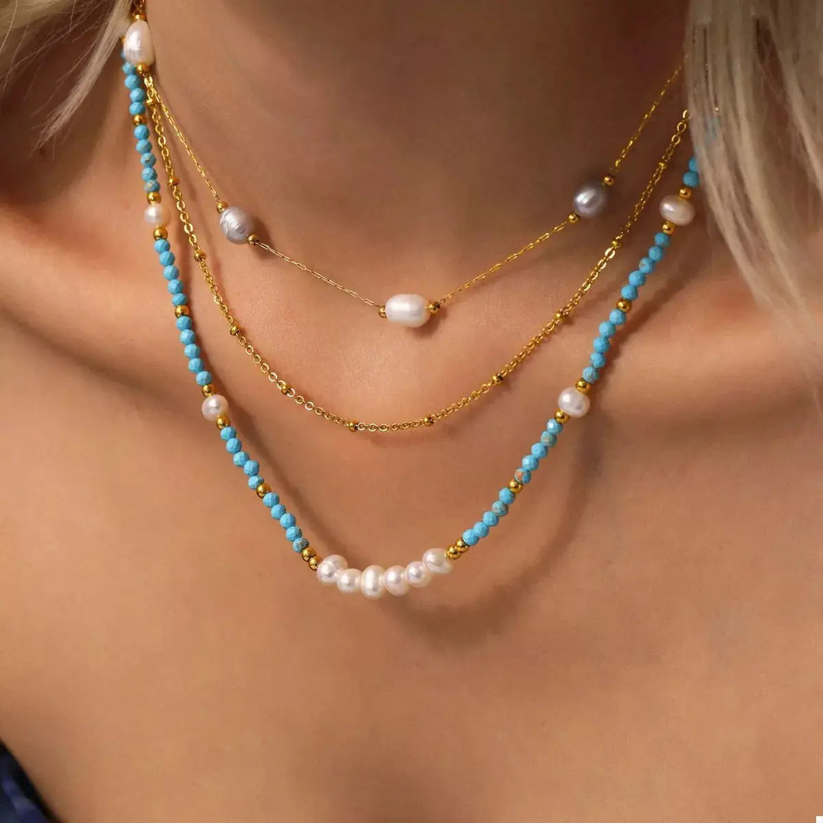 Turquoise Pearl Beaded Necklace by Trendsi
