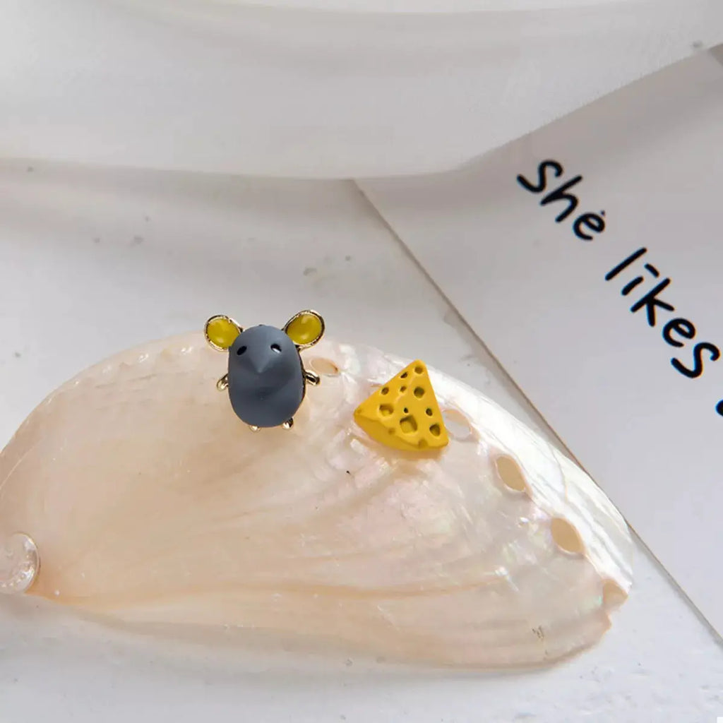 Asymmetrical Mouse & Cheese Stud Earrings by Trendsi